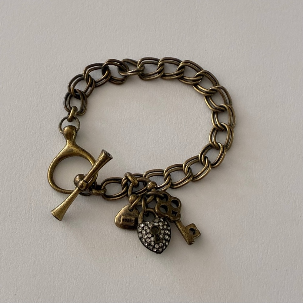 Vintage Fossil Padlock Key Heart Charm Toggle Bracelet Pave Brass Metal 6.75”